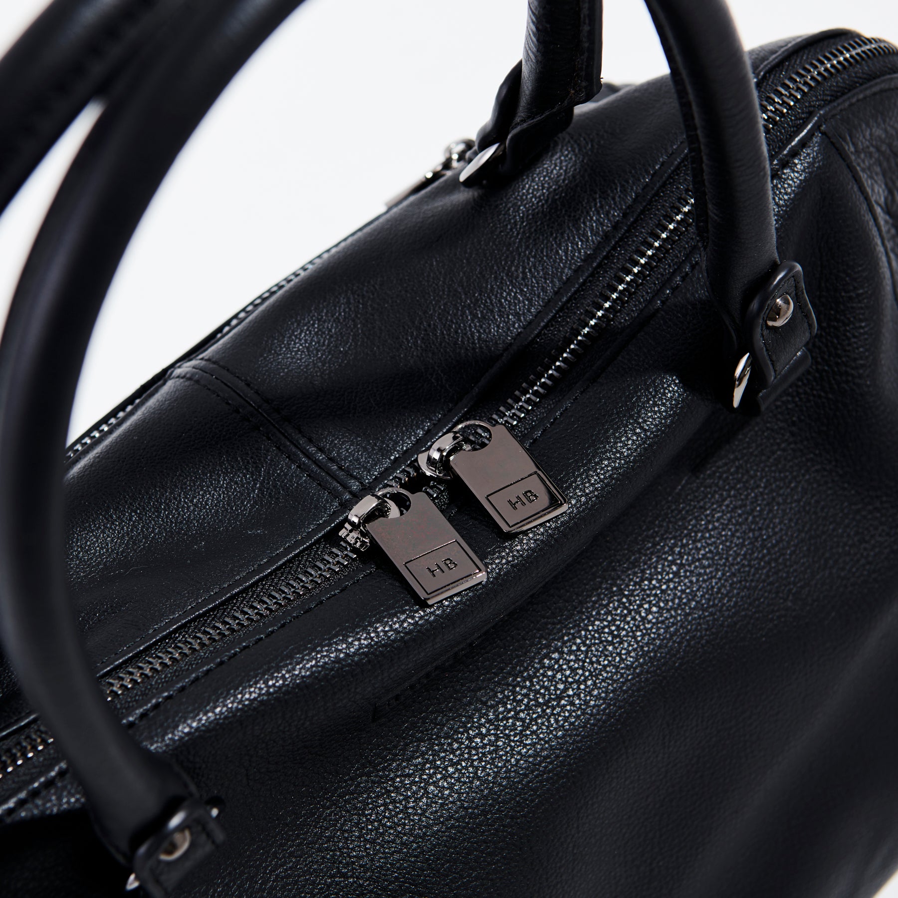 detailed view of double zip of black leather handbag